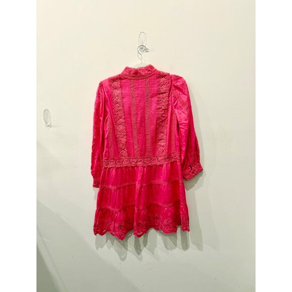 Alice + Olivia Clark Bishop Sleeve Lace Tiered Mini Dress French Rose Women's 6 - Picture 3 of 5